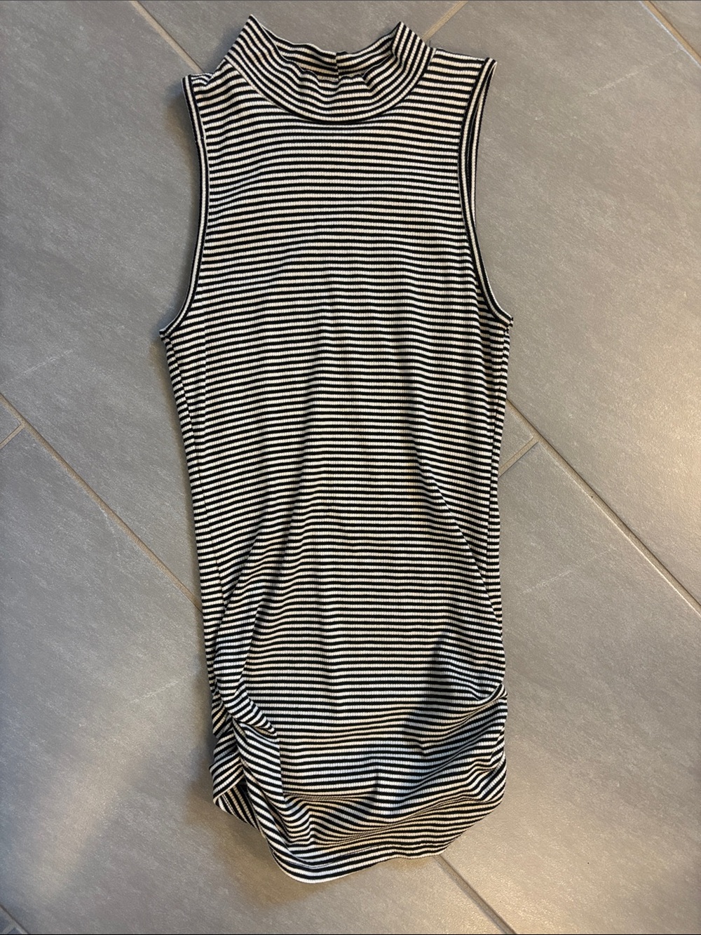 Tres Bien Black and White Striped Sleeveless Mock Neck Dress
